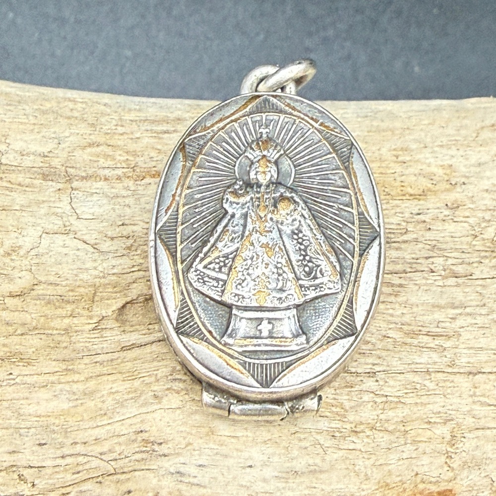 Vintage Sterling Silver Infant of Prague Locket Religious Sacred Heart Pendant